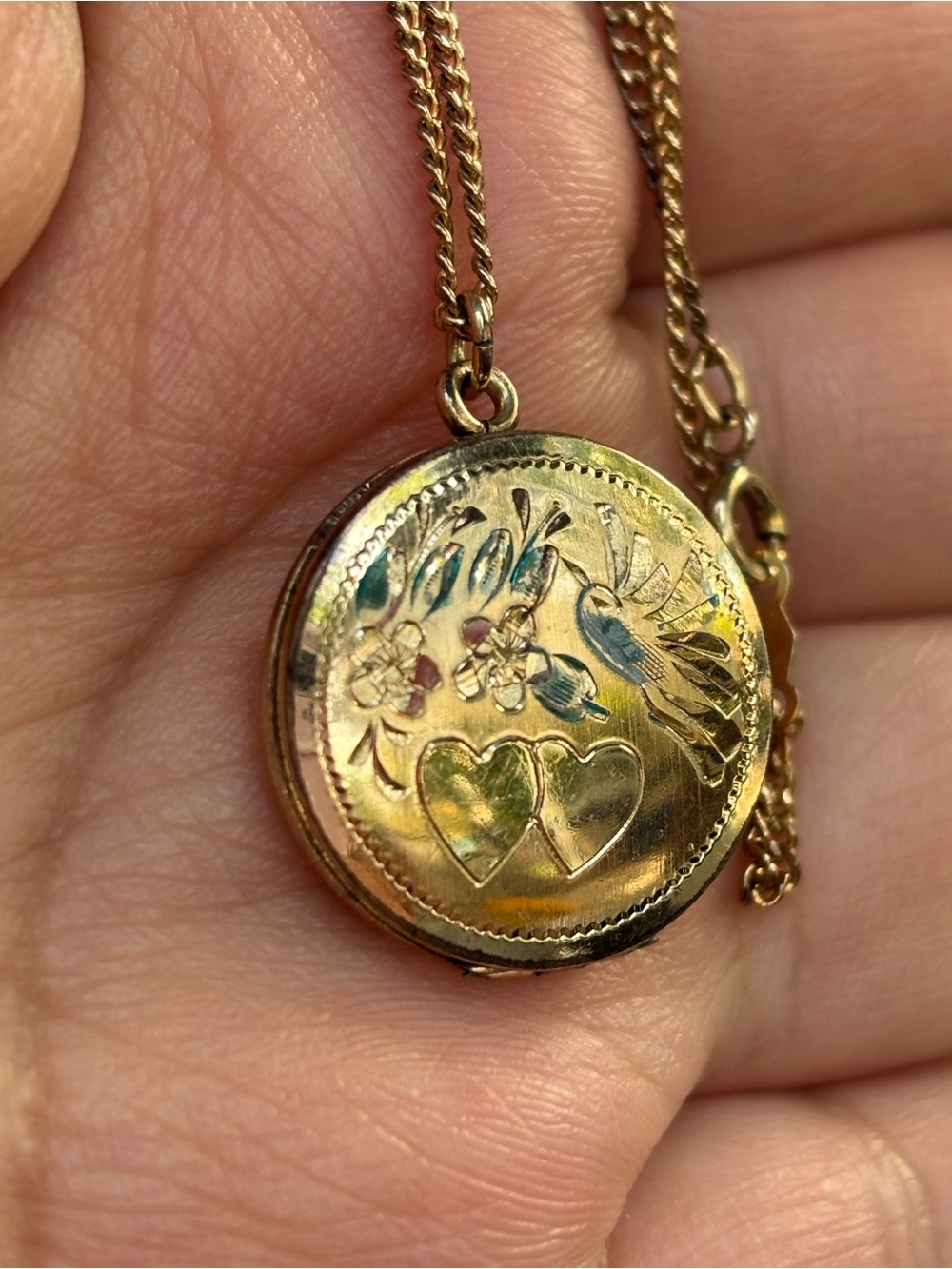 Vintage Bird Heart Floral Round Locket Necklace 18”